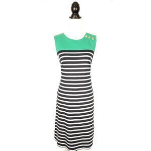 Lands' End Heritage Green Navy Blue Striped Button Shoulder Dress Size Small